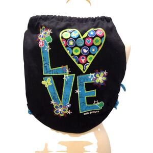 GIRL SCOUTS LOVE Drawstring Backpack Black Blue 15" Cotton Blend